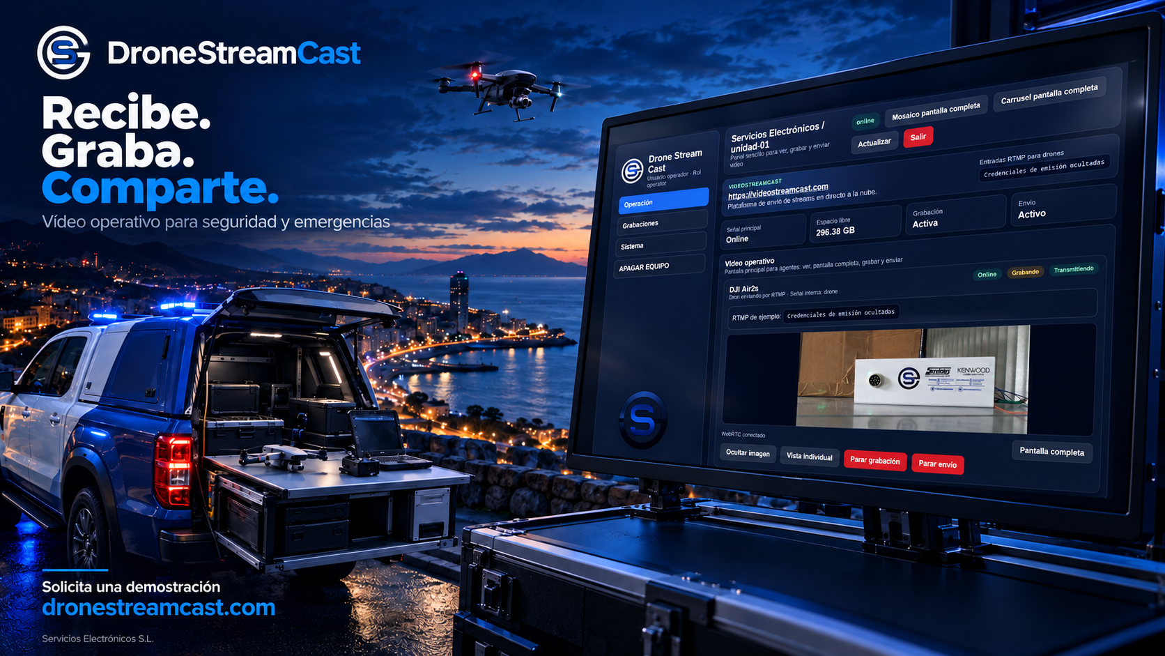 Composición publicitaria de DroneStreamCast con una captura real del software